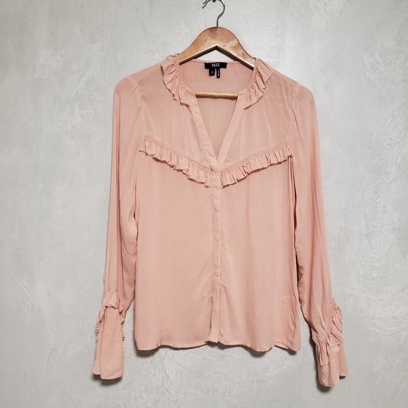 Paige Montel Ruffle Flare Cuffs Button Down V-Neck Blouse - Picture 4 of 14
